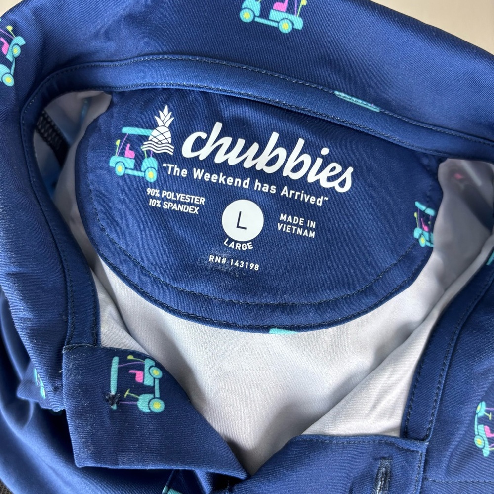 Chubbies Polo Shirt Men's Large L Golf Cart Logo All Over Print Performance Blue - Picture 6 of 6